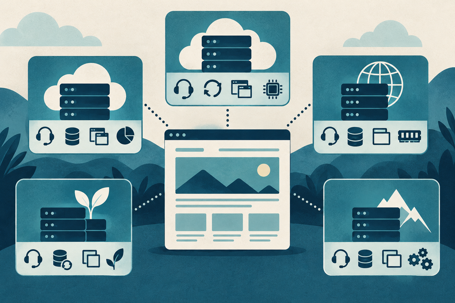 Conceptual illustration of five equally weighted server-platform cards surrounding a website page, each with different support, backup, staging and resource icons; no winner badge.