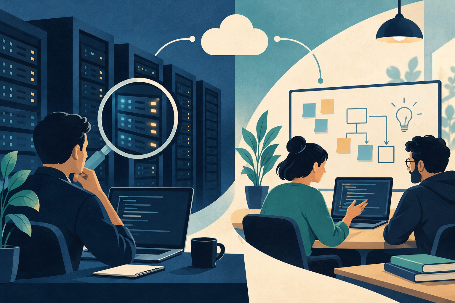 Conceptual illustration of two balanced hosting workspaces: a server diagnostic magnifier on one side, collaborative development tools on the other.