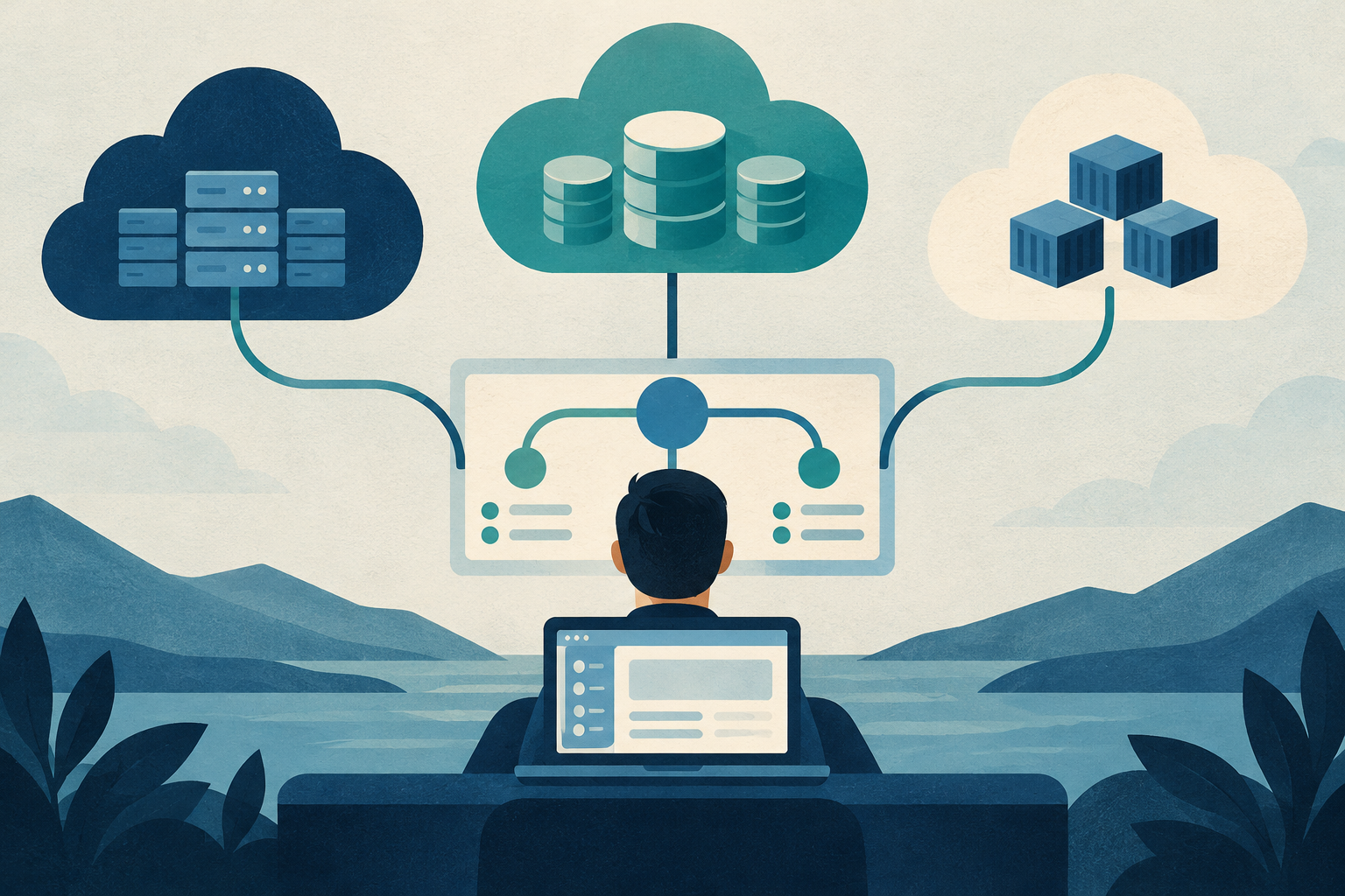 Conceptual illustration of a management layer connecting three differently shaped cloud infrastructure clusters to one application; no vendor-specific architecture claims.