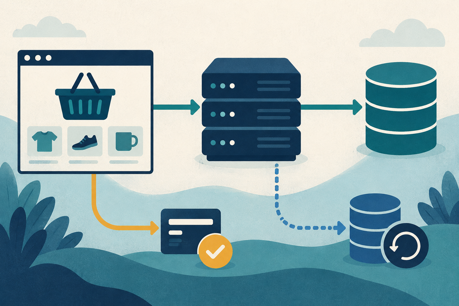 Conceptual illustration of an online shop basket connected to an application server and database, with separate checkout and backup paths.