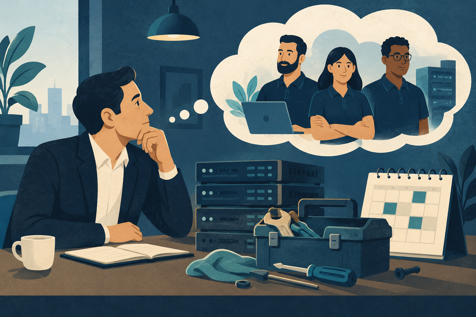 Conceptual illustration of a business owner considering a managed service team beside a server maintenance toolbox and calendar, weighing operational effort.