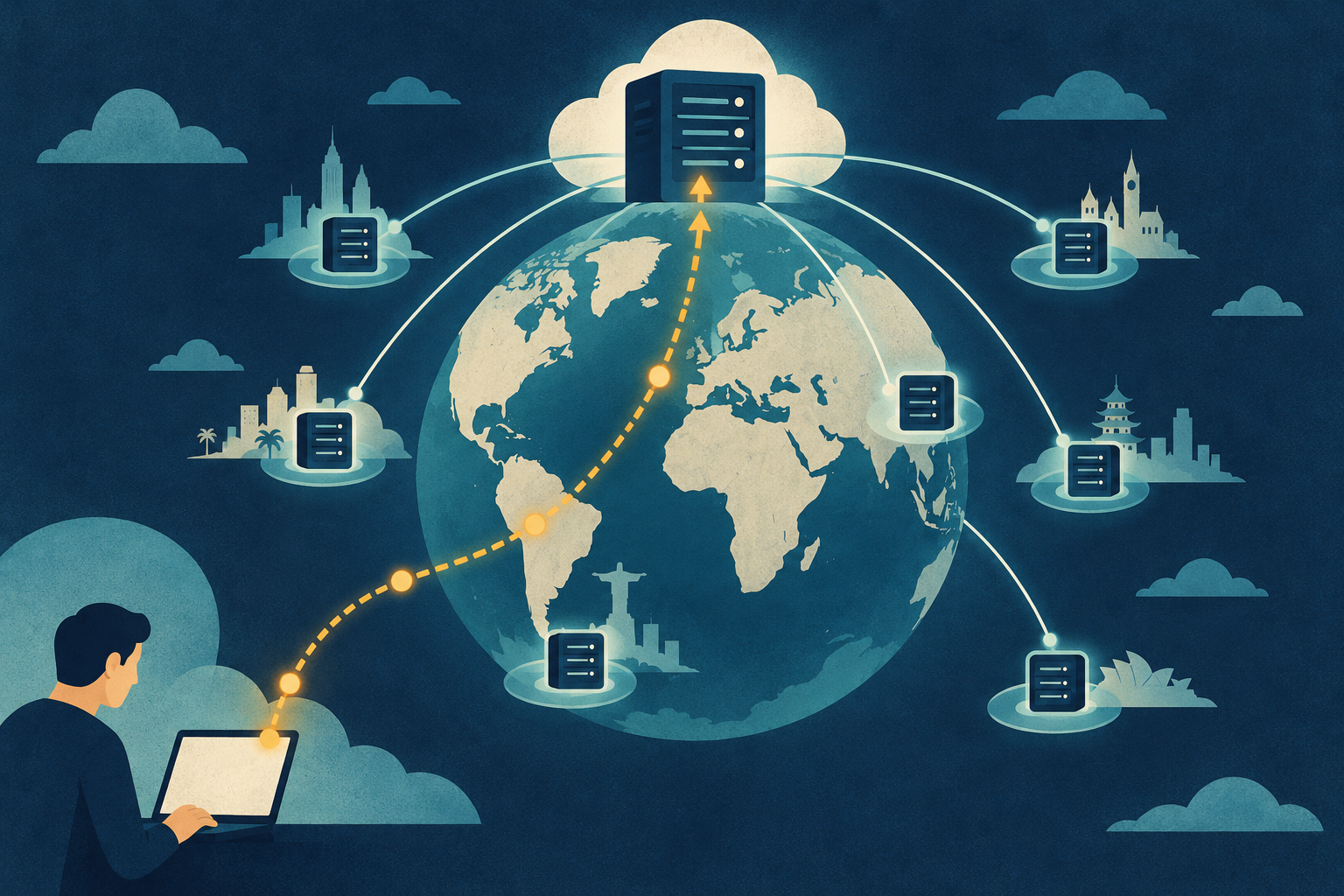 Conceptual illustration of a central website server linked to several geographically dispersed edge nodes around a globe, with a separate dynamic request path.