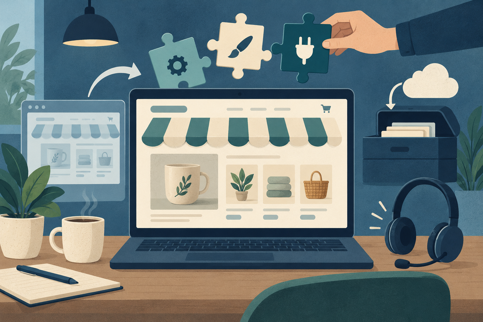 Conceptual illustration of an application-hosting workspace with staging copy, plugin puzzle pieces, backup archive and support headset around a small shop website.