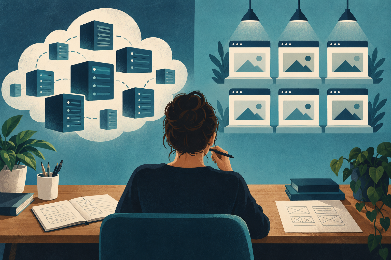 Conceptual illustration of an agency desk comparing a flexible pool of cloud servers with a standardized set of managed website environments.