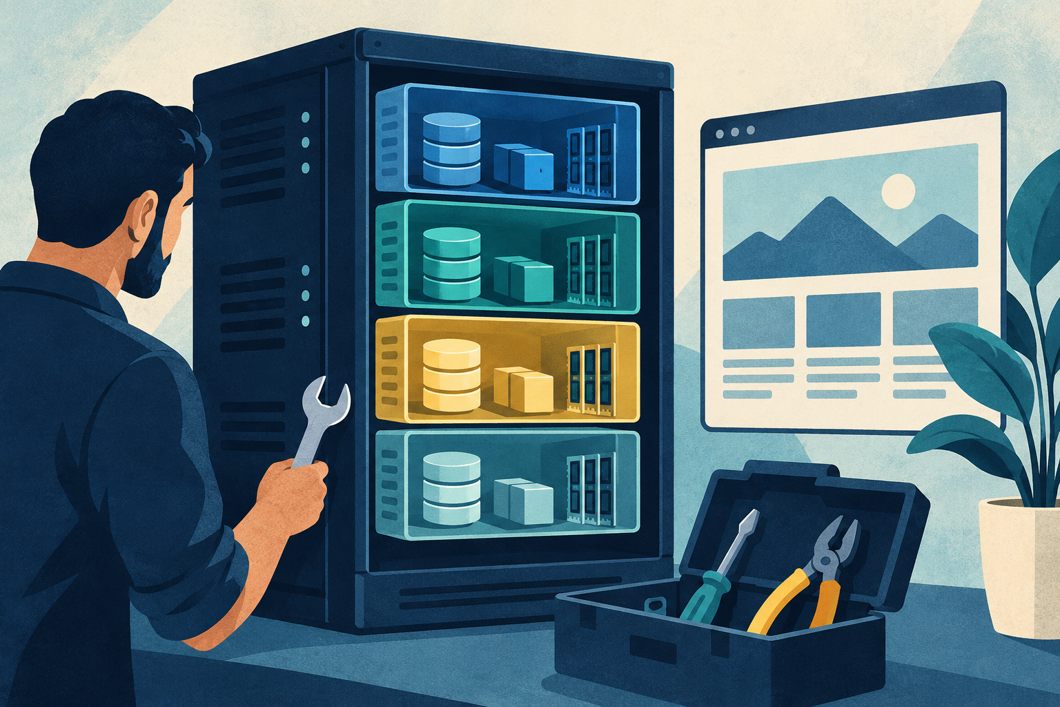 Conceptual illustration of one physical server divided into distinct virtual resource compartments, with maintenance tools and a website application nearby.