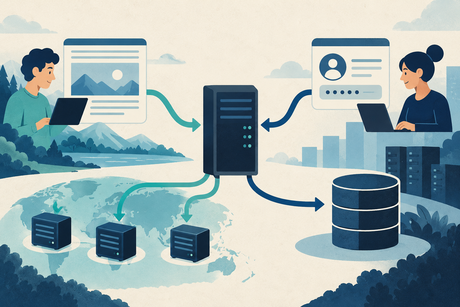 Conceptual illustration of a server routing two kinds of visitors: cacheable article requests toward edge copies and logged-in requests toward an application database.