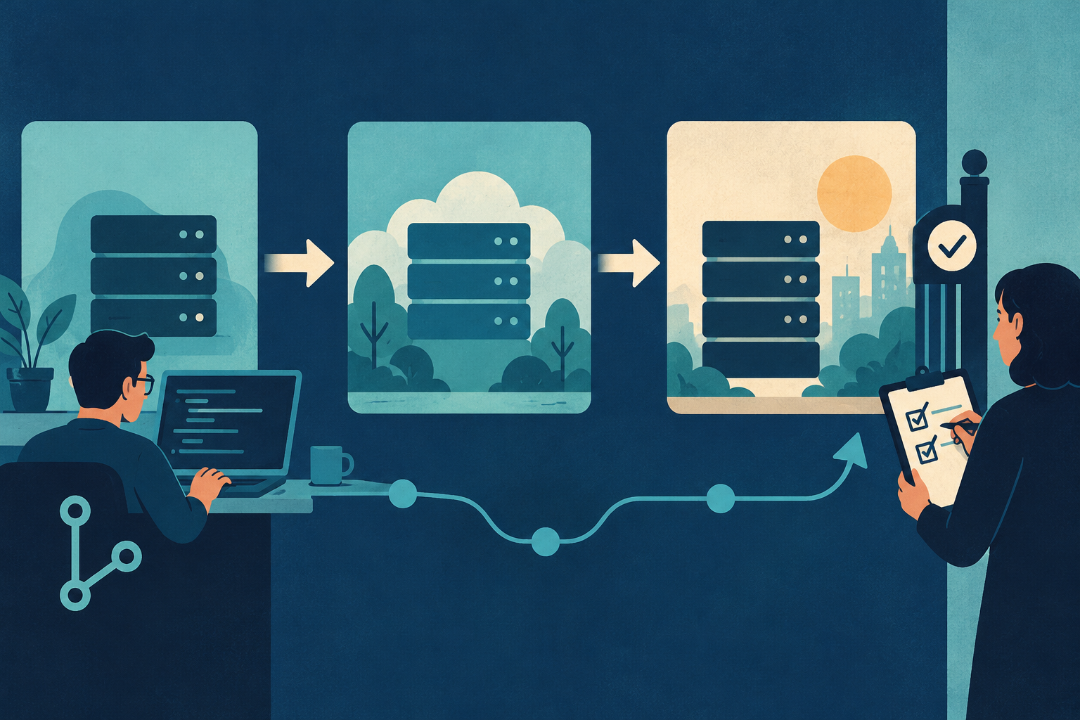 Conceptual illustration of three separate development environments connected by careful deployment arrows and a version-control branch; human reviewer at the final gate.