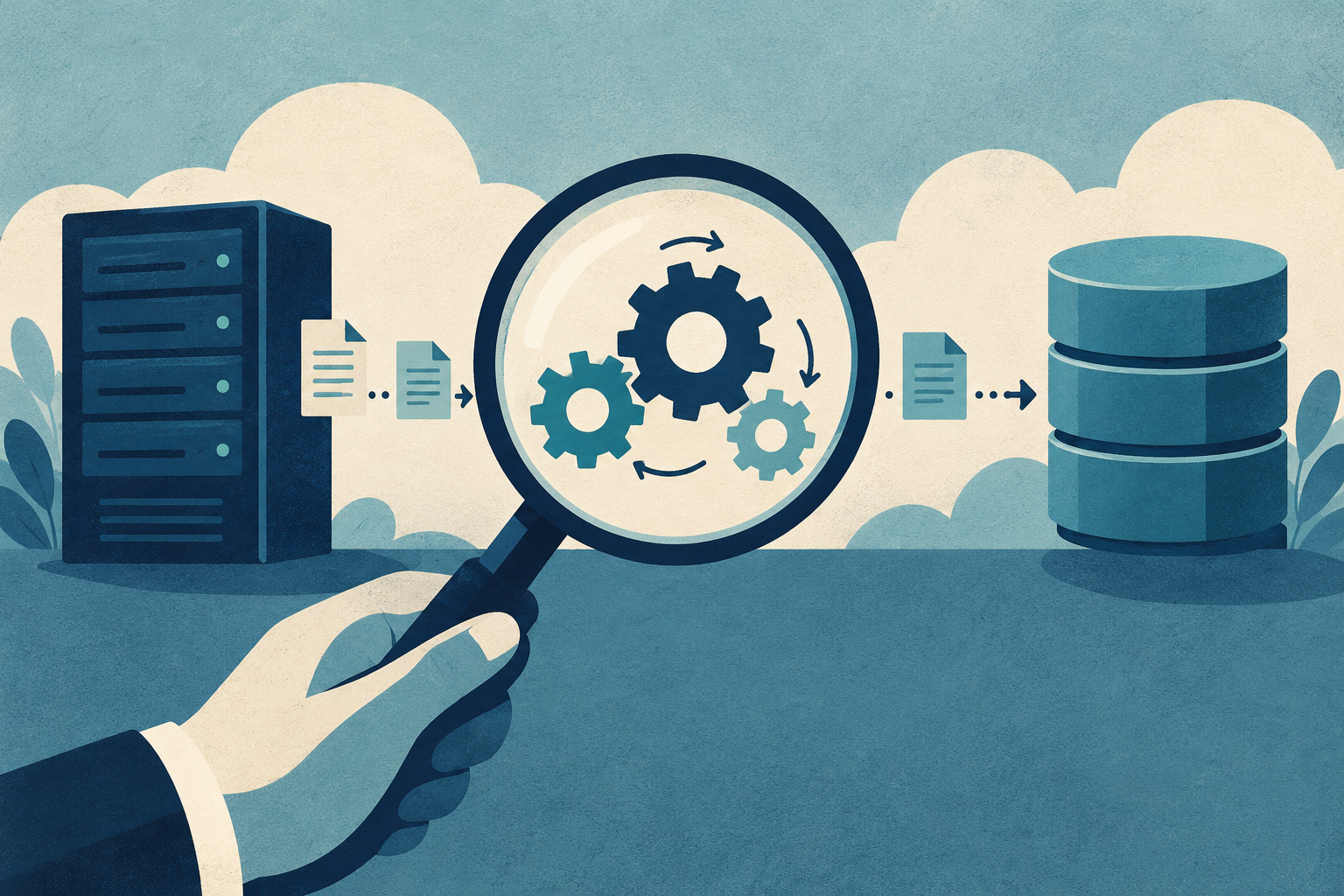 Conceptual illustration of a magnifying glass examining application processing gears between a server and database; no speedometer or benchmark graphics.