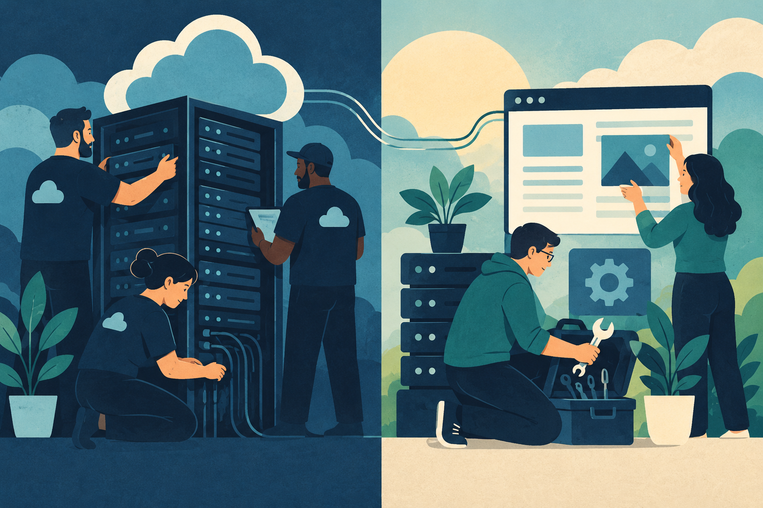 Conceptual illustration of two equal hosting scenes: provider team tending a website stack, and site owner maintaining virtual-server tools; responsibility rather than superiority.