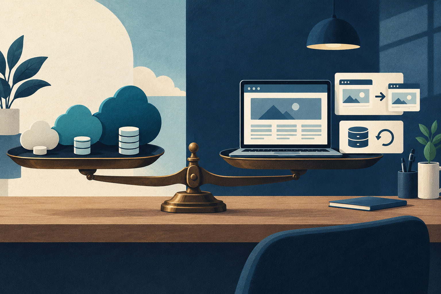 Conceptual illustration of a cloud-capacity selection tray balanced beside a standardized website operations workspace with staging and backup tools.