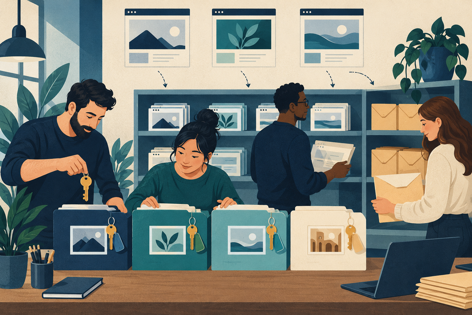 Conceptual illustration of an agency team organizing several client website folders with distinct access keys, staging copies and handoff envelopes.