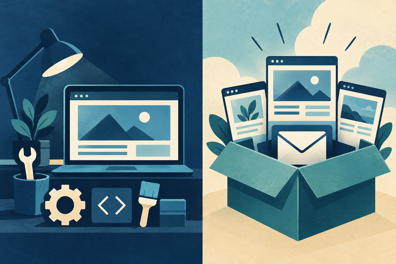 Conceptual illustration of two hosting packages compared: dedicated website workflow tools versus a broader package containing an email envelope and multiple sites.
