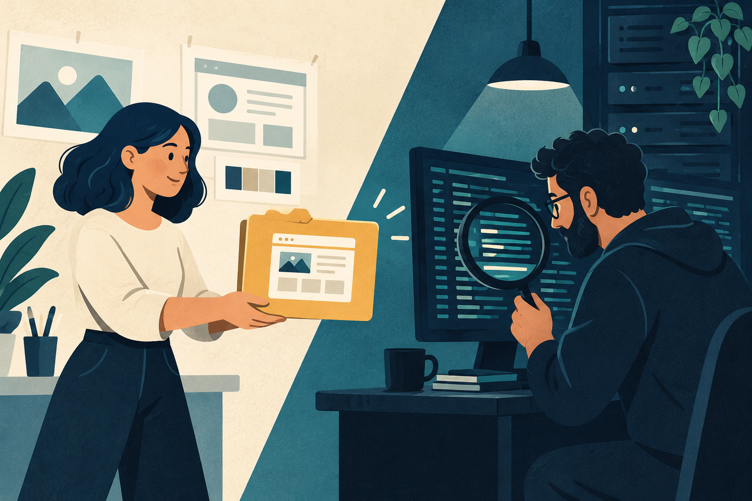Conceptual illustration of a designer handing off a website folder on one side, a developer inspecting application logs with a magnifier on the other.