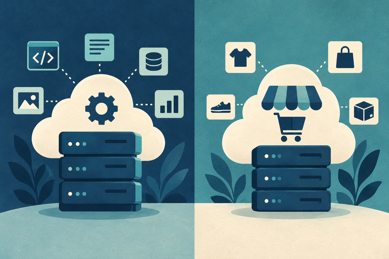 Conceptual illustration of a configurable cloud server with several apps beside an application-focused ecommerce hosting package, equally sized.