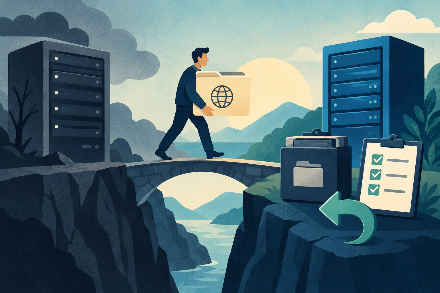 Conceptual illustration of a website folder carefully crossing between old and new servers, with a backup archive, validation checklist and rollback arrow.