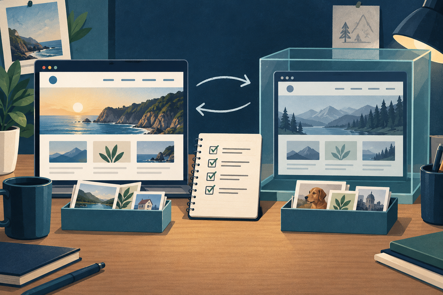 Conceptual illustration of a production website and separate enclosed staging copy on a developer desk, with sample data and a test checklist between them.