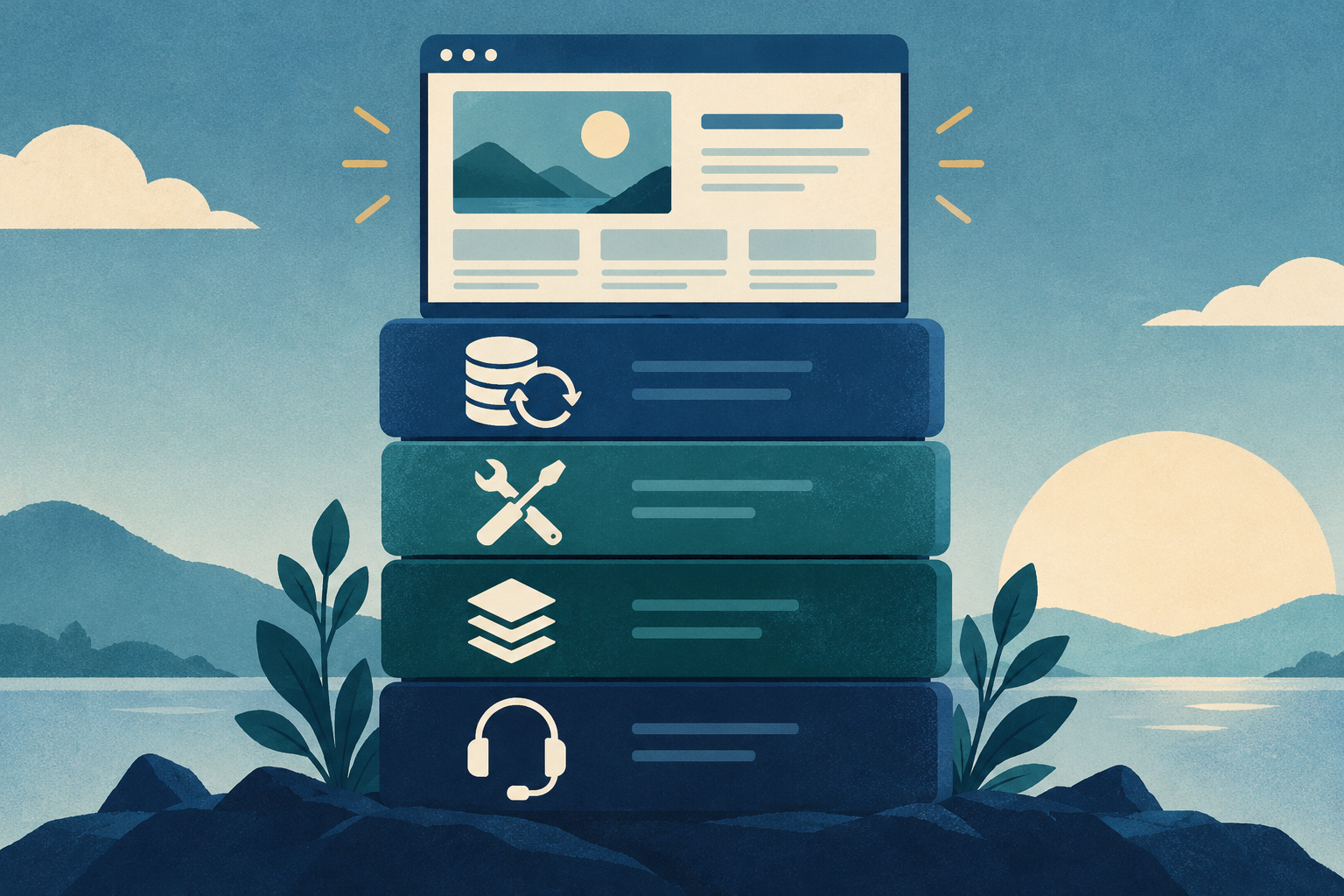 Conceptual illustration of a website resting on a managed service stack of backup archive, update tools, cache layers and support headset.