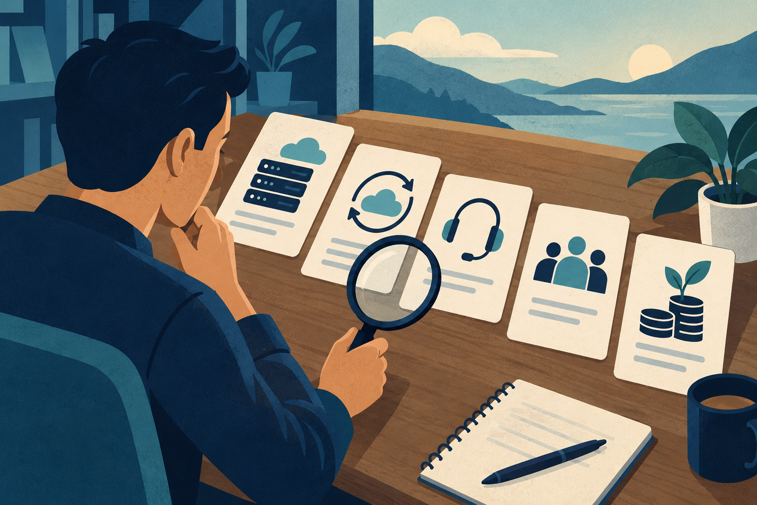 Conceptual illustration of a person reviewing hosting requirements cards for workload, recovery, support, collaboration and operating cost with a magnifier.