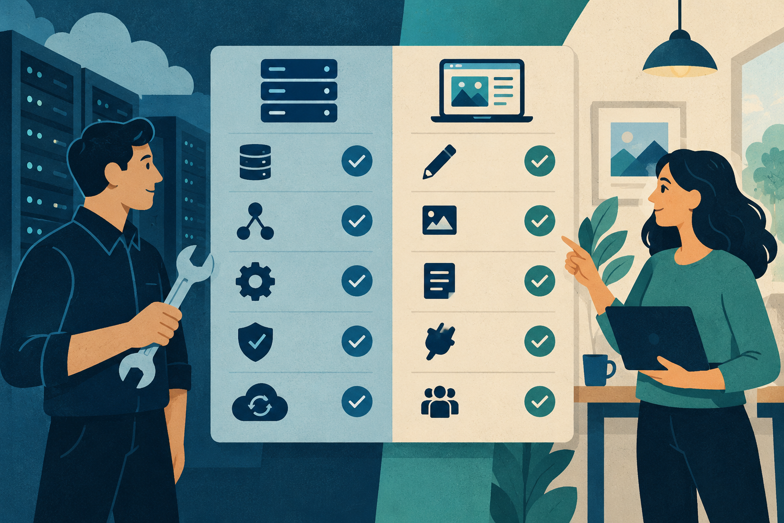 Conceptual illustration of an operations responsibility board dividing tasks between a hosting provider and website owner, using server, wrench and backup icons.