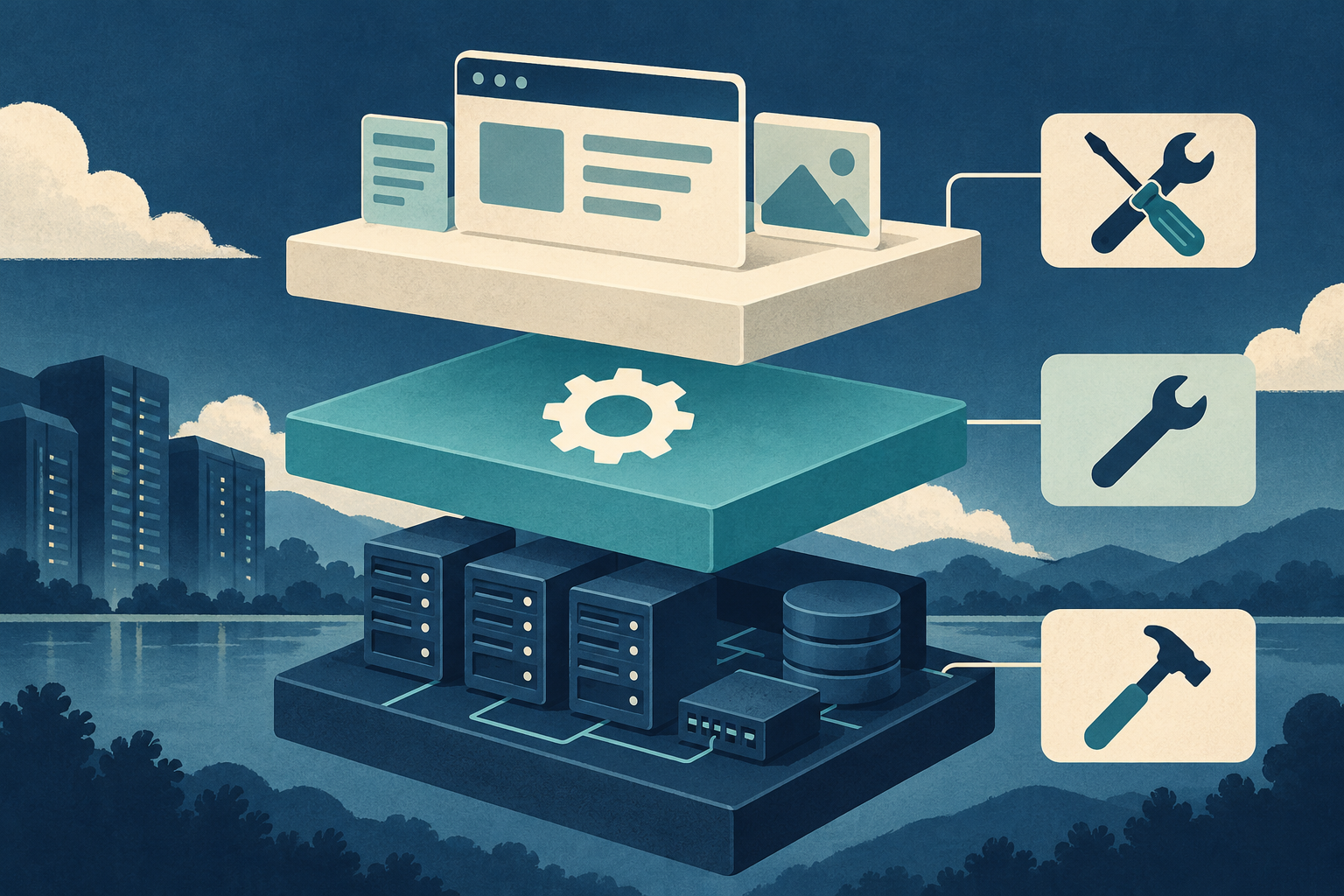 Conceptual illustration of an exploded hosting stack showing infrastructure, operating system and application layers, each with distinct maintenance tools.