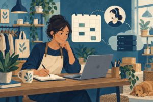 Conceptual illustration of a small shop owner planning website operations at a desk with booking calendar, support headset and modest server illustration.
