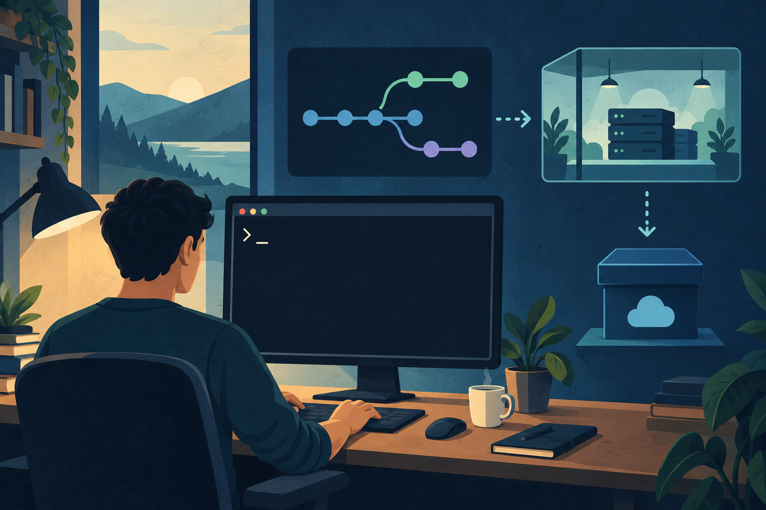 Conceptual illustration of a developer workspace with terminal-like blank window, version-control branches, staging environment and backup archive.