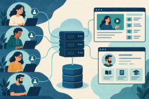 Conceptual illustration of a membership website with several logged-in user icons accessing lessons and profiles through an application server and database.