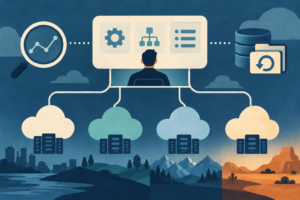Conceptual illustration of several cloud infrastructure options beneath one service-management layer, with monitoring magnifier and backup archive.