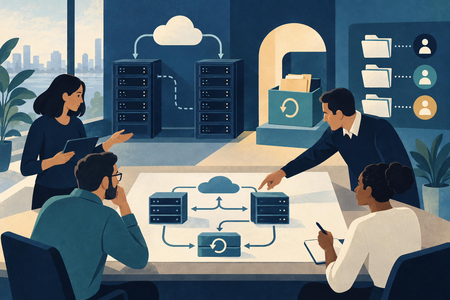 Conceptual illustration of an enterprise team reviewing controlled deployments, redundant server paths, recovery archive and access-governance folders.