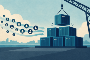 Conceptual illustration of a cluster of application containers adding another matching node to accommodate an incoming group of request icons; no uptime promise.