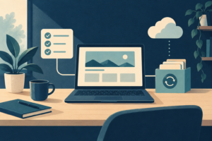 Conceptual illustration of a compact single-website hosting workspace with simple setup tools, backup archive and a modest cloud container.