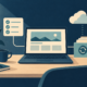 Conceptual illustration of a compact single-website hosting workspace with simple setup tools, backup archive and a modest cloud container.